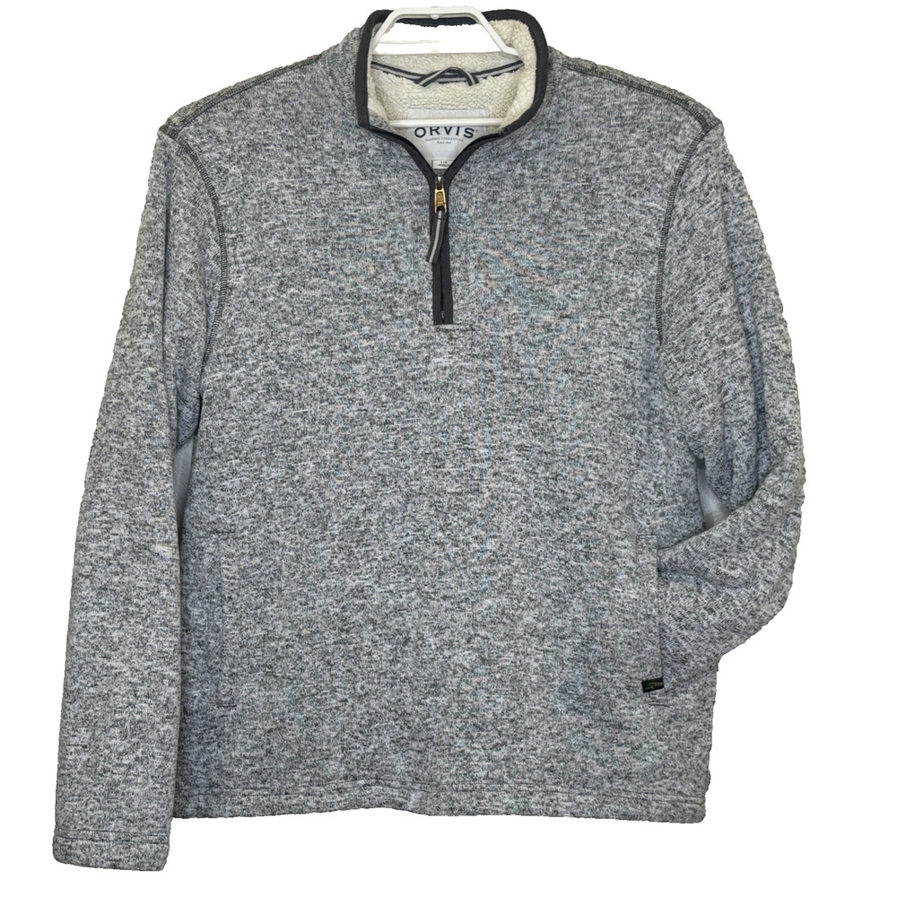 Orvis 1/4 Zip Sweater Jacket Mens Large Gray Long Sleeve Stand Up Collar Lined